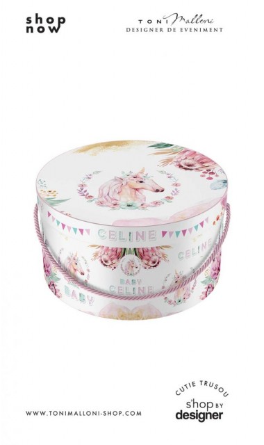 Cutie unicorni pentru trusou rotunda din mucava ideala pentru botez tematica unicornii si primavara 4